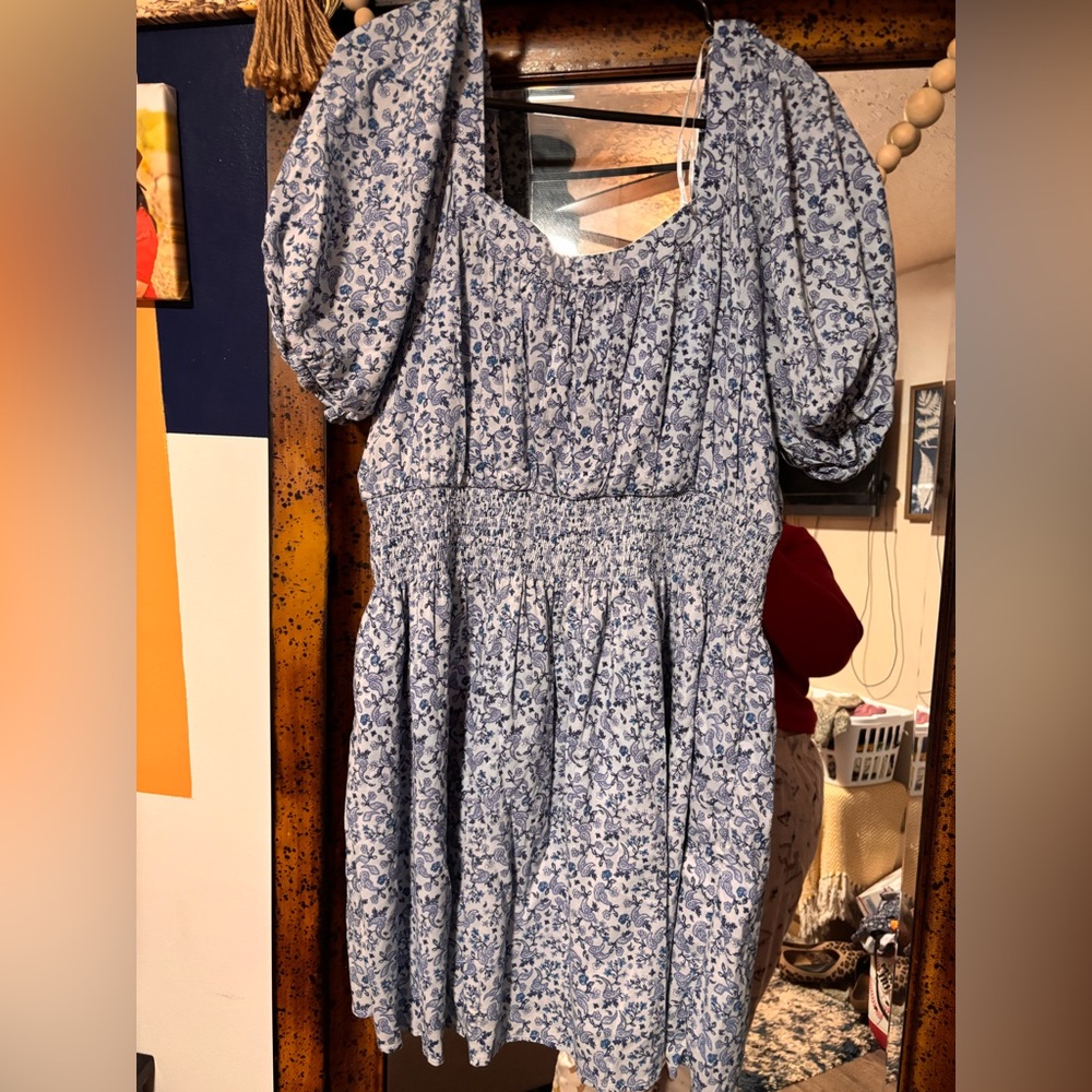 Old Navy White and Blue Floral Smocked Mini Dress